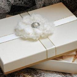 A5 Keepsake presentation gift box. Ivory card with luxury gold trimmed ribbon and plush woollen and diamante centrepiece