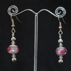 Silver hook earrings with pink faceted glass beads and looped top with swarovski crystals