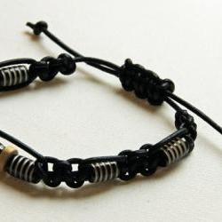 Black mens shambala bracelet, braided from leather cord and decorated with indian antler beads