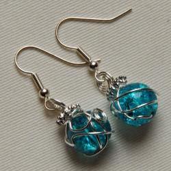 Silver earrings with wire wrapped blue glass crackle beads and looped top, to match handfasting cord